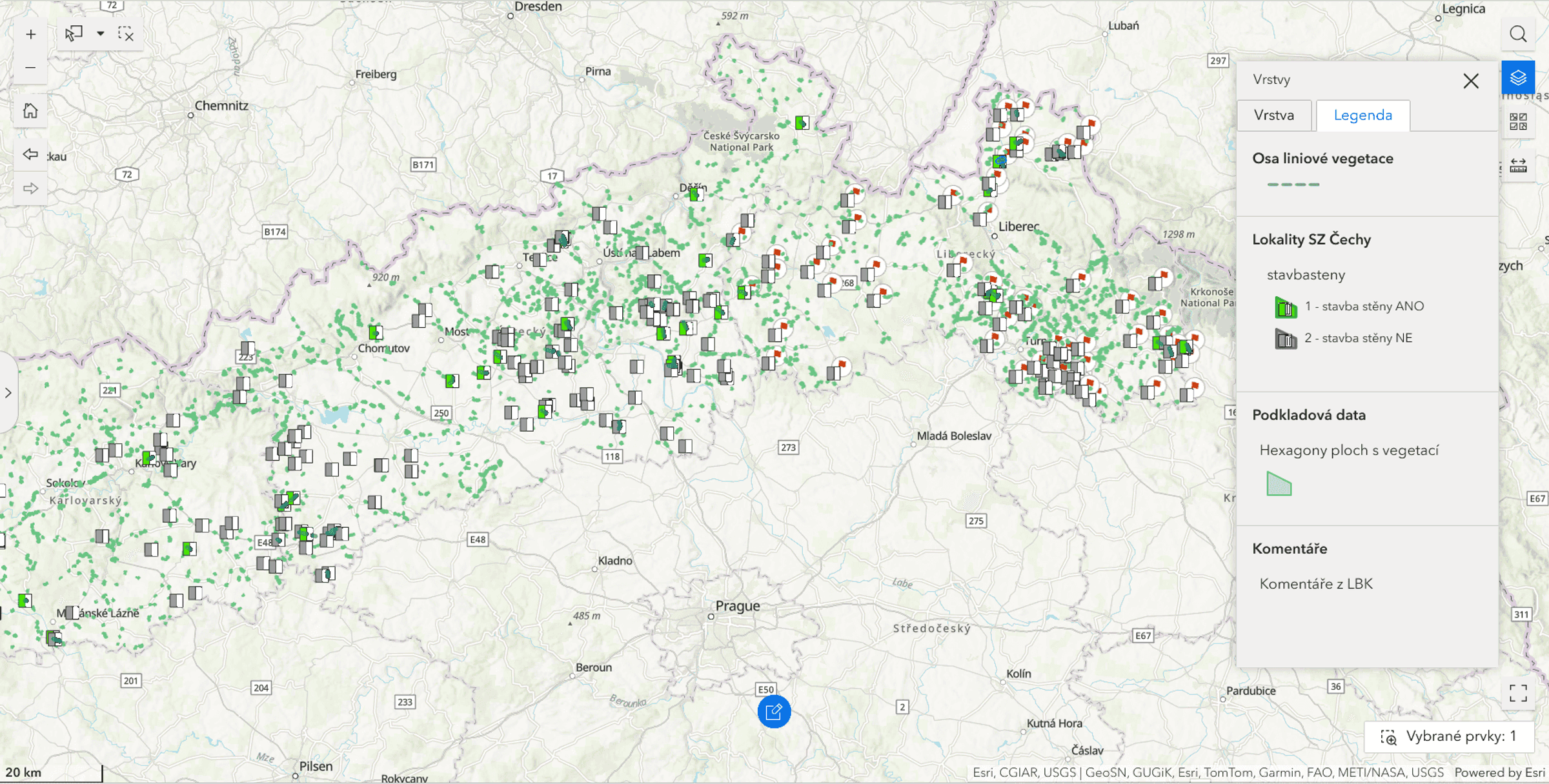 Přehledová mapa lokalit v Česku klasifikovaných podle možnosti výstavby ochranné stěny