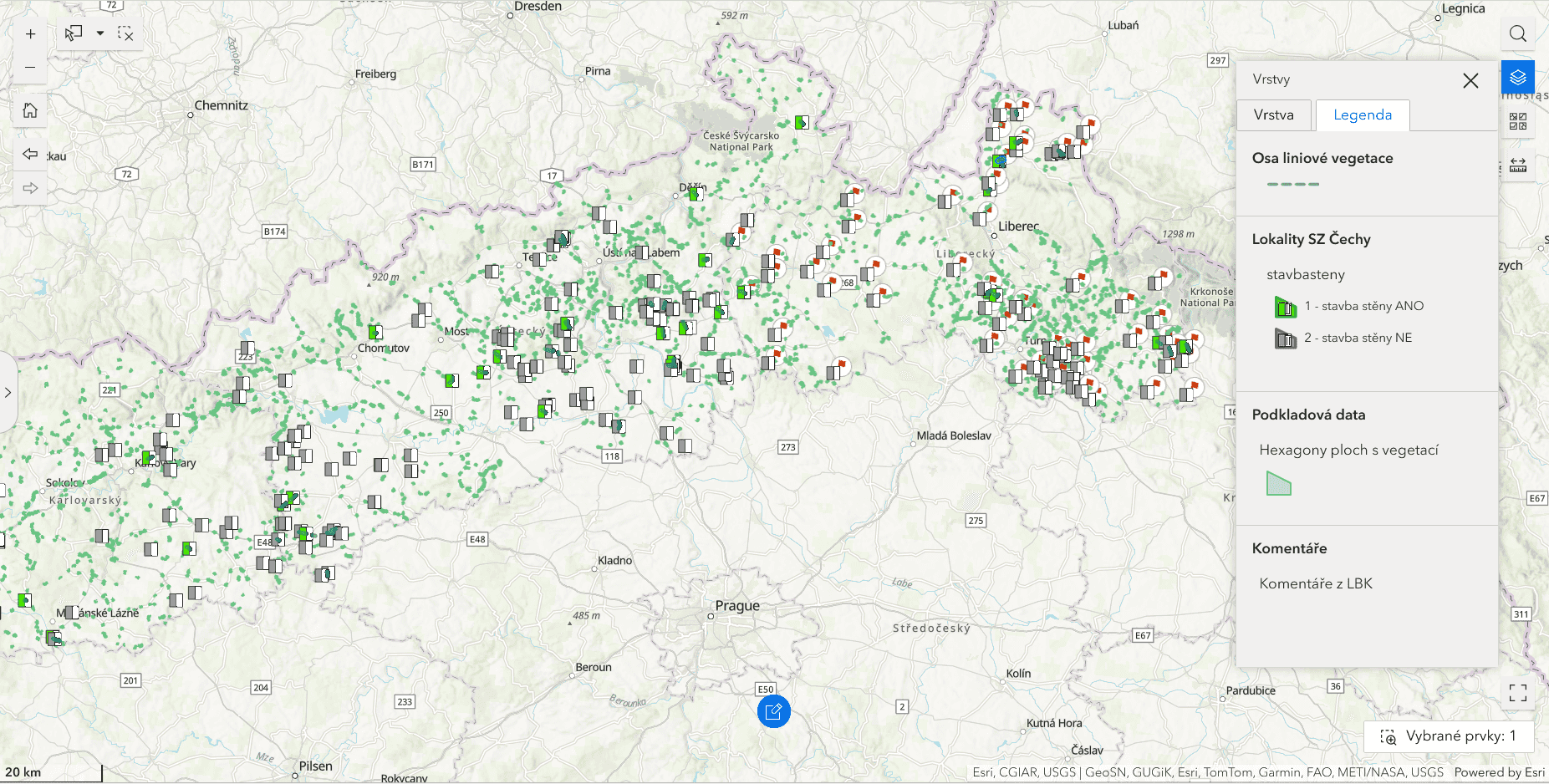 Přehledová mapa lokalit v Česku klasifikovaných podle možnosti výstavby ochranné stěny